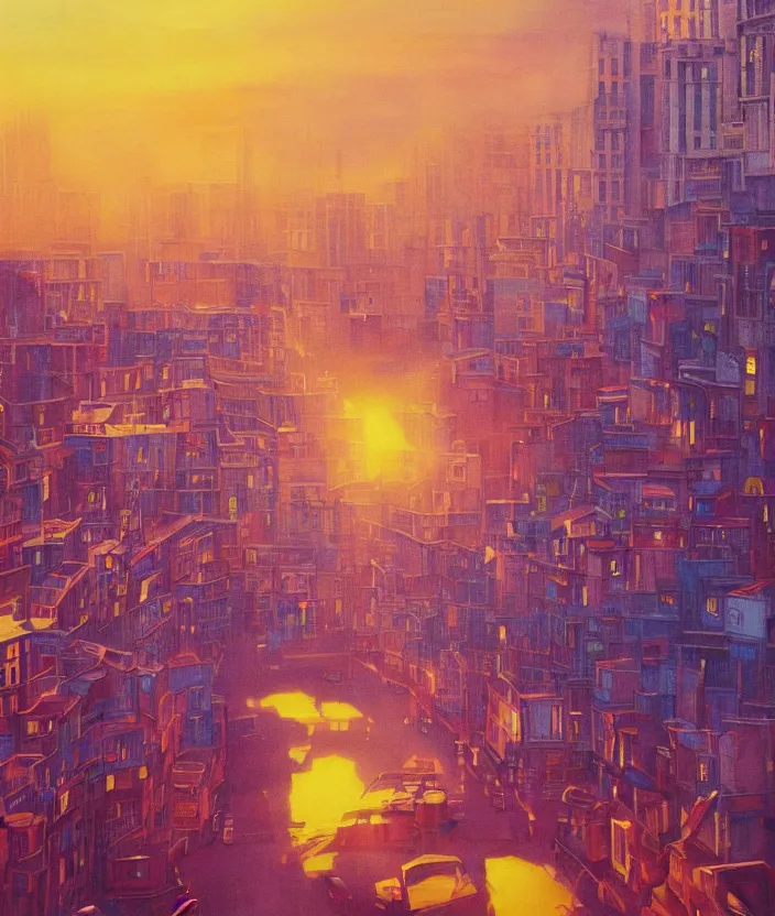 Image similar to An extremely close up shot of the interior of a European City with rays of sunlight bouncing off the buildings, sunrise, sunset, bright yet cool colors, colors and rays of yellow orange red pink purple and blue cover the image, melancholic, nostalgic, cool, epic, oil painting, painting, trending on deviantart, trending on artstation, realistic, polaroid photograph, polaroid, lens blur, photo, realistic, hyperrealistic, very realistic, detailed, very detailed, intriciate detail, intricate details, HD quality, 4k resolution, 8k resolution, in the style of an album cover