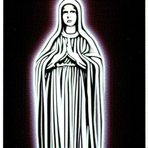 Image similar to vhs static overlay of marian apparition, vhs, 1 9 9 0, highly realistic, highly detailed, vhs noise static, black and white, vhs glitch