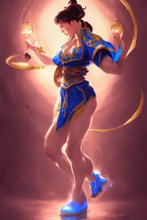 Image similar to beautiful chun li, full body shot, d & d, fantasy, intricate, elegant, highly detailed, digital painting, artstation, concept art, matte, sharp focus, illustration, hearthstone, art by artgerm and greg rutkowski and alphonse mucha