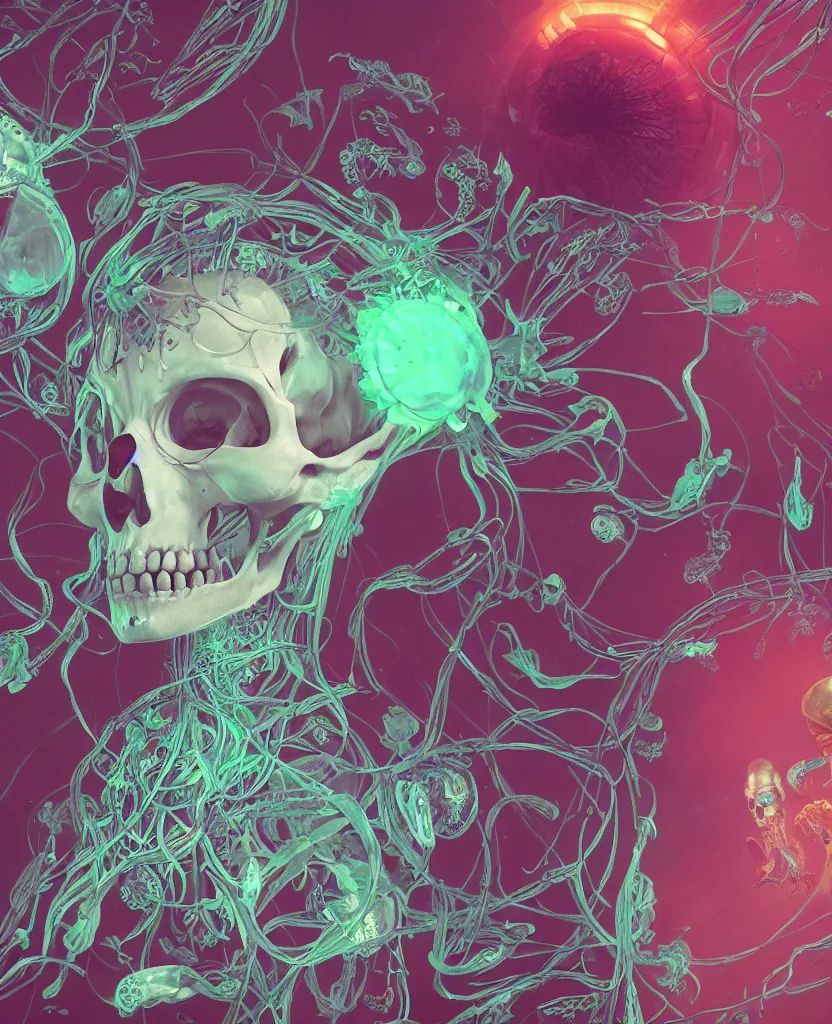 Image similar to close-up portrait goddess skull, thorax, x-ray, backbone, jellyfish phoenix head, nautilus, orchid, skull, betta fish, bioluminiscent creatures, intricate artwork by Tooth Wu and wlop and beeple. octane render, trending on artstation, greg rutkowski very coherent symmetrical artwork. cinematic, Triadic color scheme, hyper realism, high detail, octane render, 8k