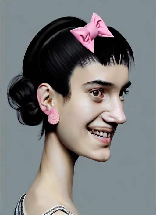 Image similar to portrait of teenage girl, realistic, black hair, bangs, half updo hairstyle, pointy nose, skinny, smile, ugly, defined jawline, big chin, pink hair bow, earrings, intricate, elegant, glowing lights, highly detailed, digital painting, artstation, sharp focus, illustration, art by wlop, mars ravelo and greg rutkowski