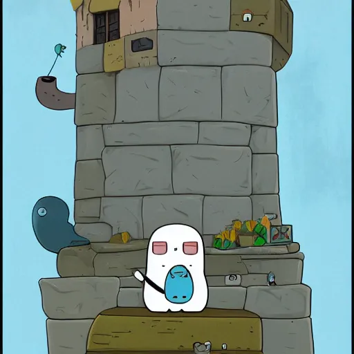 Image similar to BMO playing with a penguin an the old city ruins, in the style of Adventure Time, Cartoon, by Pendleton Ward, Artstation,