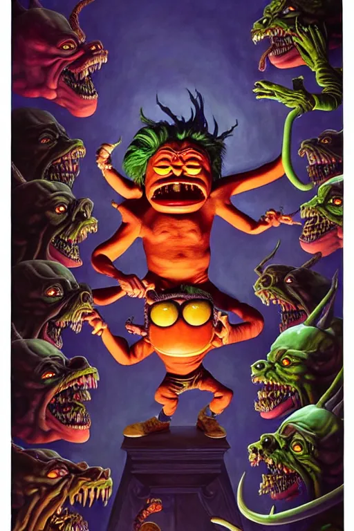 Image similar to a hyperrealistic painting of an epic boss fight against monster hey arnold!! ornate supreme dark overlord, cinematic horror by chris cunningham, lisa frank, richard corben, highly detailed, vivid color,