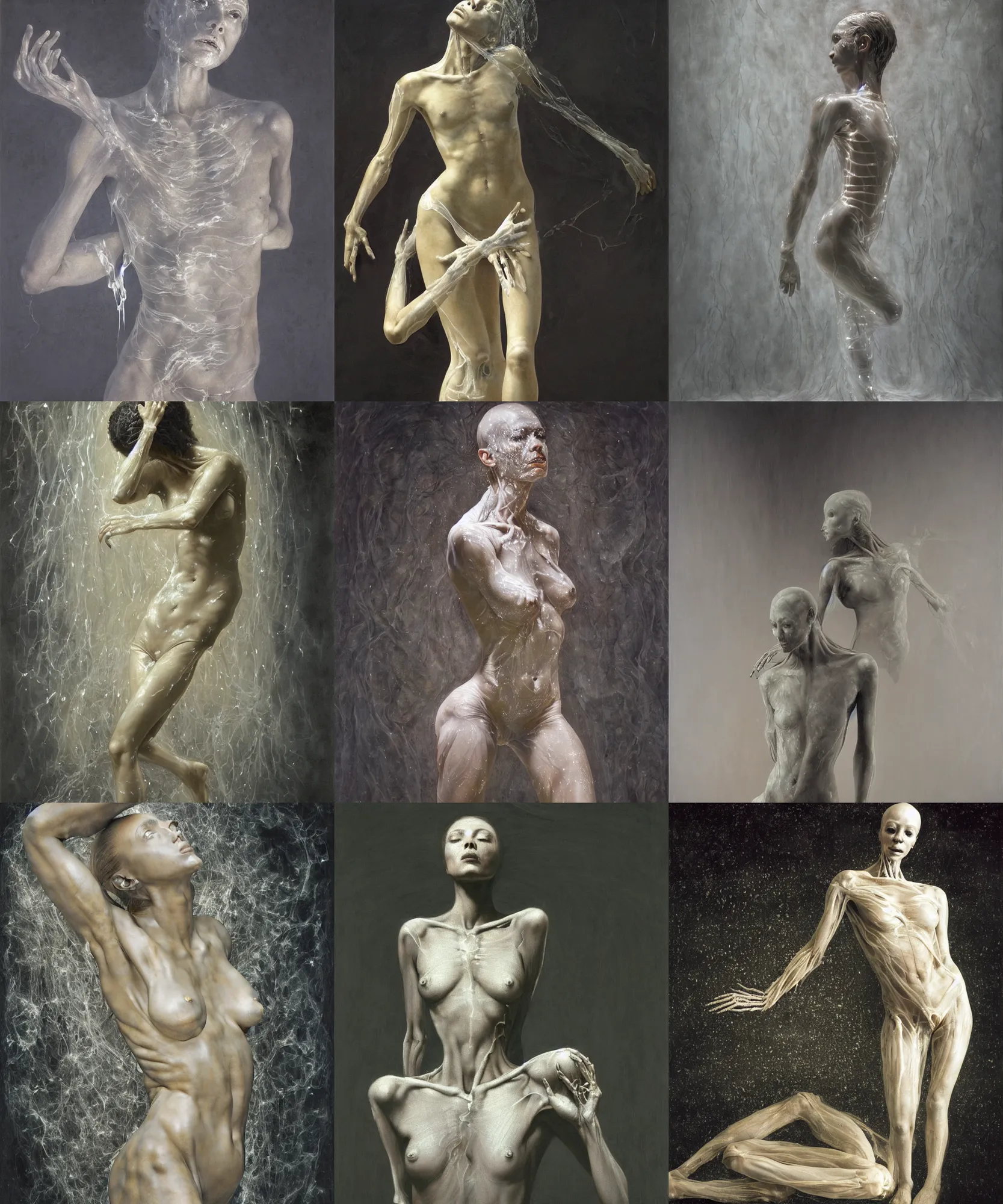 Prompt: Beautiful full-body wax sculpture of glowing transparent woman with visible bones covered with melted white candle wax inside the singularity where stars becoming folds of black matter by Michelangelo da Caravaggio, Nicola Samori, William Blake, Alex Grey and Beksinski, dramatic volumetric lighting, highly detailed oil painting, 8k, masterpiece