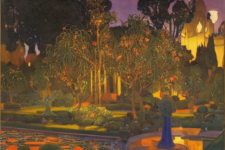 Prompt: beautiful garden at twilight by Annie Swynnerton and Nicholas Roerich and jean delville, glowing paper lanterns, strong dramatic cinematic lighting , ornate tiled architecture, lost civilizations, smooth, sharp focus, extremely detailed