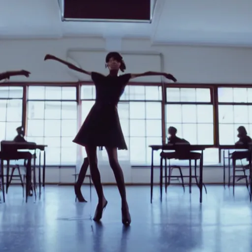 Image similar to film still of stylish girl dancing on school desk, tilted frame, 3 5 °, dutch angle, cinematography from music video