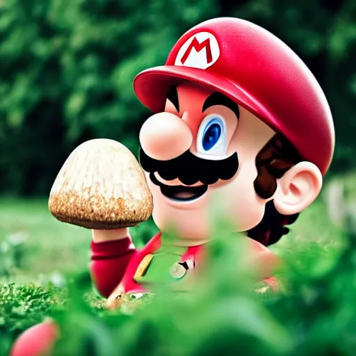 Image similar to photo of real life mario finding a giant mushroom, exhilarated, portrait, closeup. mouth open, 30mm, bokeh