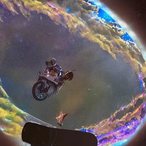 Image similar to high detail photo of a deserted iridescent color yamaha motorcycle floating in space inside magic colorful glowing sparkling fog, circular planet behind it, starry sky, tranquil, desolate, atmospheric, hazy, autochrome, 8k, reflections, octane render, unreal engine 5