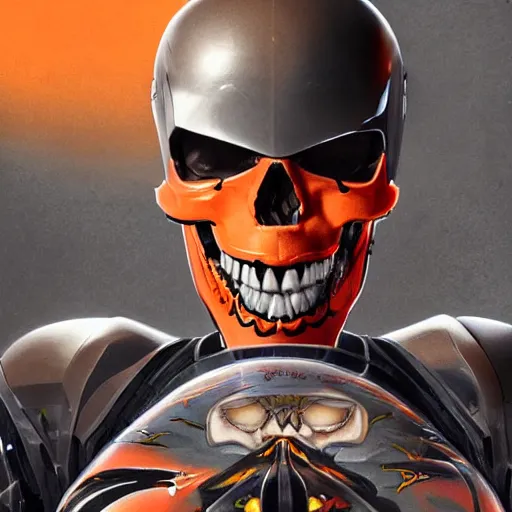 Prompt: a portrait of a skull with vampire teeth, in an orange racing helmet by sandra chevrier, detailed render, epic composition, cybernetics, 4 k realistic, cryengine, realistic shaded lighting, sharp focus, masterpiece, by matteo scalera, gary montalbano, peter elson in the style of the tokyo ghost comic