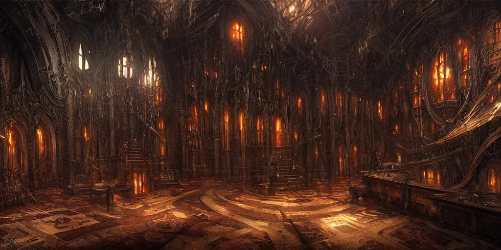 Prompt: dark sinister vampire lair interior by Karol Bak, library, adventure game, inspired by Diablo concept art