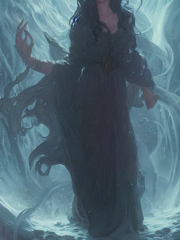 Image similar to summoner of cthulhu, d & d, thick robe, elder gods, fantasy, intricate, elegant, highly detailed, digital painting, artstation, concept art, wallpaper, smooth, sharp focus, illustration, art by artgerm and greg rutkowski and alphonse mucha