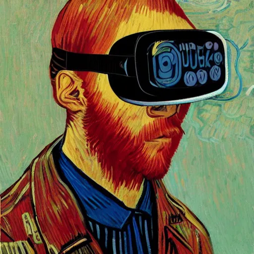 Prompt: Illustrated by Shepard Fairey and Greg Rutkpwski | Cyberpunk Van Gogh with VR helmet, surrounded by cables