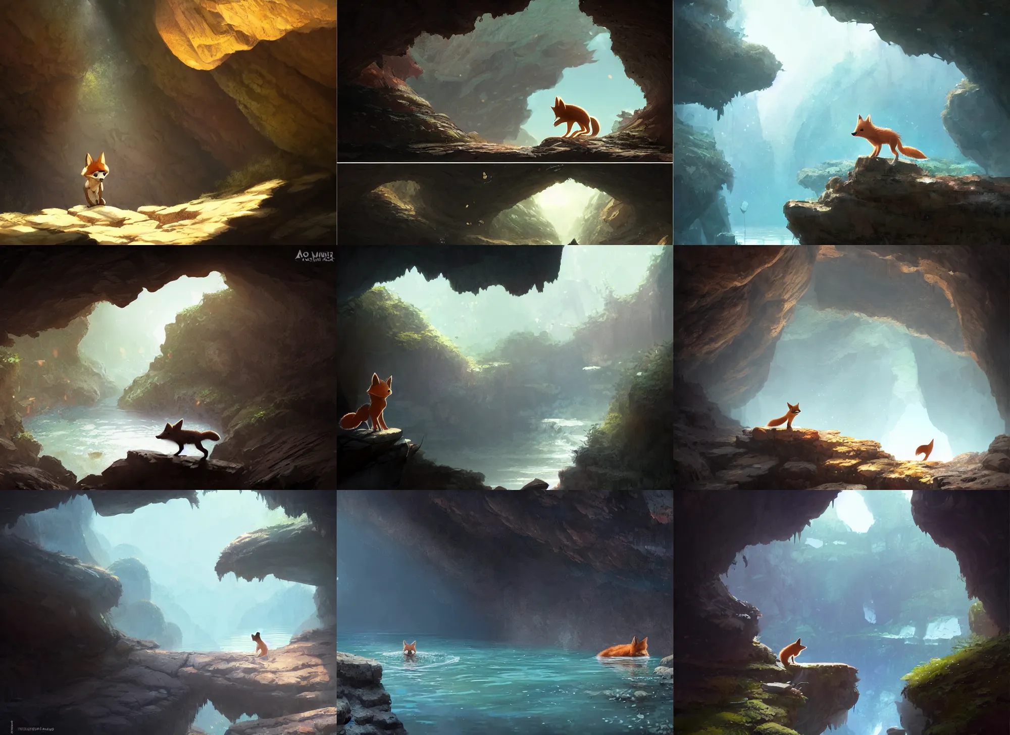 Prompt: a tiny brown fox exploring a large cave, water, by Aaron Miller, Greg Rutkowski, Makoto Shinkai, James Paick