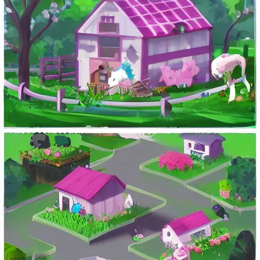 Prompt: of a concept for farming game with cute character and cute house cute animal, pastel color scheme