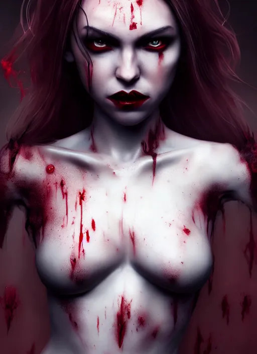 Image similar to full body portrait, vampire queen, blood, highly detailed, CGsociety, subtle, concept art, HDR, hyper realistic, volumetric lighting, subsurface scattering, unreal