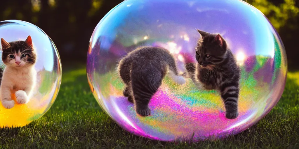 Image similar to an adorable kitten stuck inside of a giant iridescent floating soap bubble, bokeh, golden hour, back yard, golden hour