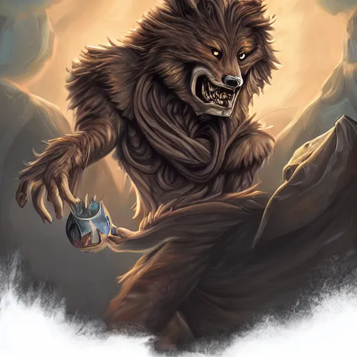 Image similar to a portrait of a man turning into a 1% partial werewolf, fantasy digital art, in the style of hearthstone artwork