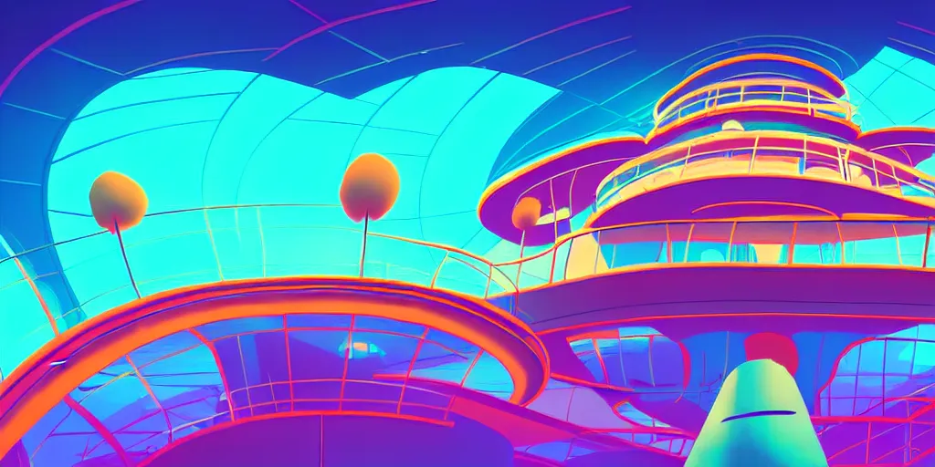 Image similar to minimalistic extreme wide angle curved perspective digital art of sss chubby cotton candy indoor top floor of a casino with a balcony to the ground floor by anton fadeev from nightmare before christmas