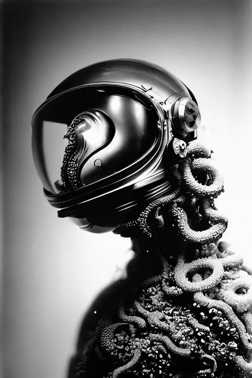 Image similar to extremely detailed studio portrait of space astronaut, alien tentacle protruding from eyes and mouth, slimy tentacle breaking through helmet visor, shattered visor, full body, soft light, plain studio background, disturbing, shocking realization, award winning photo by yousuf karsh