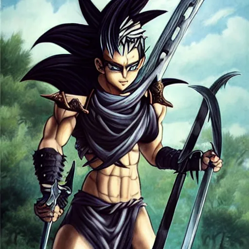 Image similar to realistic art style, warrior girl, muscular girl, wild spiky black saiyan hair, long spiky hair, electrified hair, holding scimitar made of bone, scimitar, sword, jagged sword, curved sword, orkish sword, colorized, gray skin, hyper - detailed, primeval fantasy, prehistoric fantasy, art by jacques - louis david