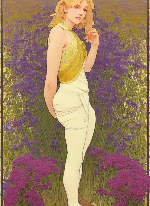 Image similar to pretty young man with shoulder length shiny shimmering golden blond hair, half body shot, emotional, decorative flower patterned background, path traced, highly detailed, high quality, digital painting, by studio ghibli and alphonse mucha, leesha hannigan, hidari, disney, jules bastien - lepage, art nouveau