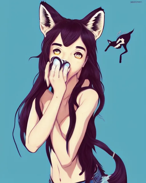 Prompt: fullbody portrait of wild half - fox woman with fox nose and ears, wearing summer jeans shorts and tshirt, anime art, concept art, detailed attractive face by ilya kuvshinov with fox nose and fox mouth, symmetrical, trending on pixiv, by lois van baarle by sung choi by john kirby artgerm style pascal blanche and magali villeneuve