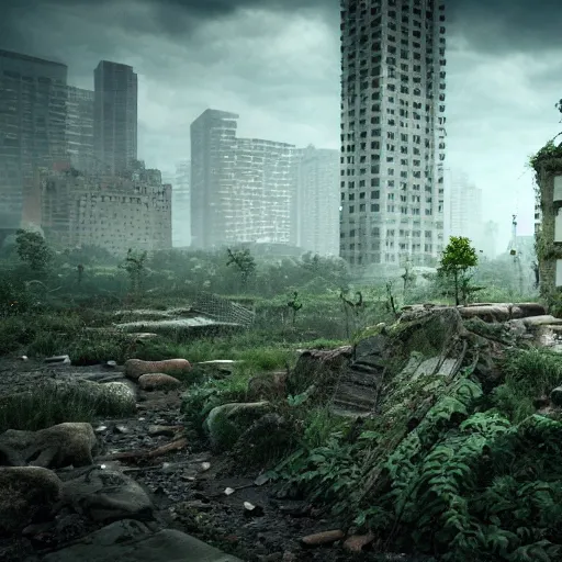 Prompt: a world fallen by disease, cities completely wasted away, nature taken over and grow over buildings, high quality photorealism, cinematic, epic, Deviantart, Octane render