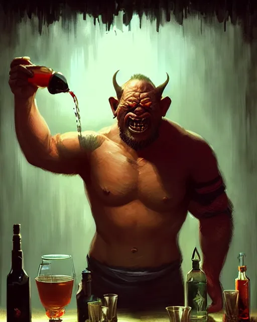 Image similar to orc bartender serving drinks | | realistic shaded, fine details, realistic shaded lighting poster by greg rutkowski, magali villeneuve, artgerm, jeremy lipkin and michael garmash and rob rey