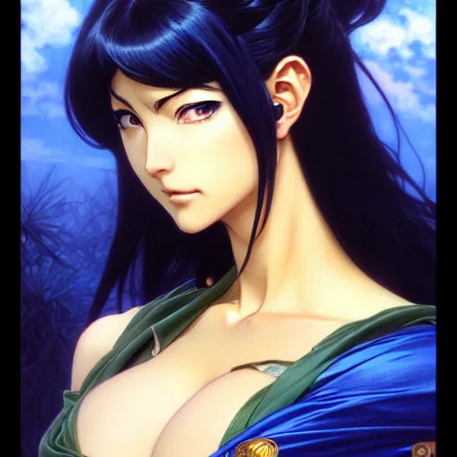 Image similar to highly detailed vfx portrait of nico robin by eiichiro oda!, makoto shinkai, alphonse mucha, msterpriece, art by artgerm and greg rutkowski!, blue eyes!!, large aquiline nose!!, gaston bussiere, stanley kubrick, kaoru mori, intricately detailed, behance, 4 k, hdr