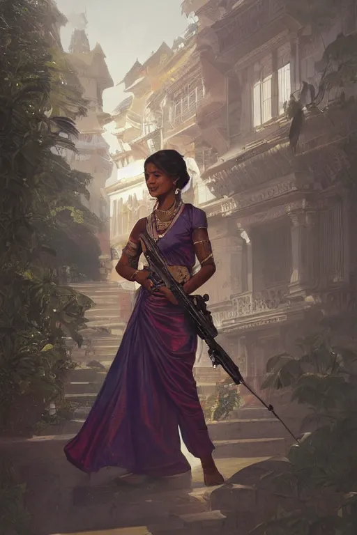 Prompt: sri lankan girl with a gun, smiling, sri lankan city, intricate, elegant, highly detailed, digital painting, artstation, concept art, smooth, sharp focus, illustration, art by artgerm and greg rutkowski and alphonse mucha