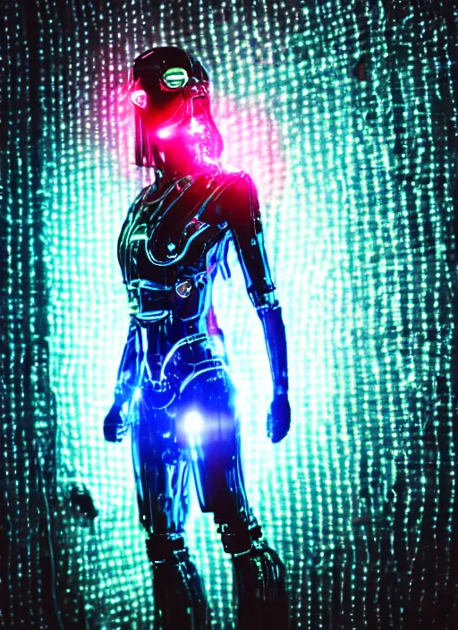 Image similar to a 3 5 mm photo of a cybernetic woman with led lights and neon with chrome details, splash art, movie still, bokeh, canon 5 0 mm, cinematic lighting, dramatic, afrofuturism, film, photography, golden hour, depth of field, award - winning, anamorphic lens flare, 8 k, hyper detailed, 3 5 mm film grain