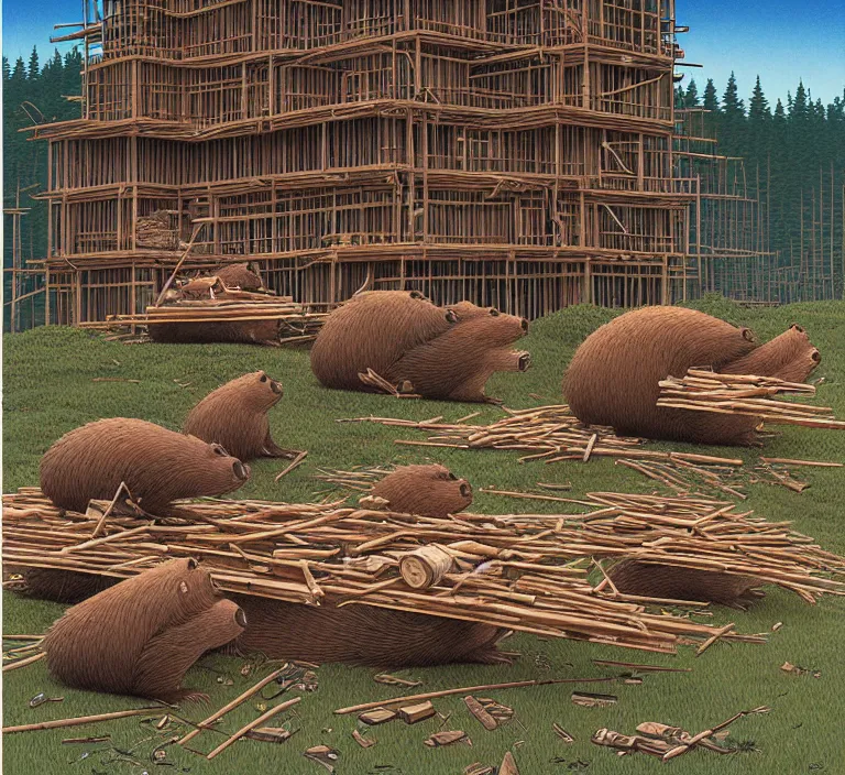 Image similar to photography hyperrealism concept art of highly detailed anthropomorphic beavers builders that building city with sticks by hasui kawase and scott listfield sci - fi style hyperrealism