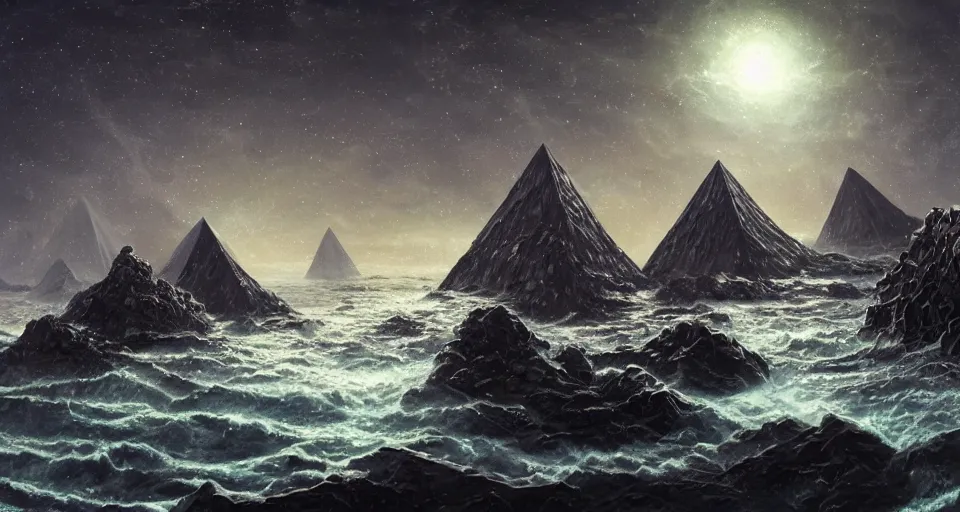 Image similar to black lovecraftian eldritch!! obsidian pyramid!! on a snowy island surrounded by still seas, with cosmic space in the background by eugene von guerard, ivan shishkin, cosmic space, concept art, trending on artstation, 8 k