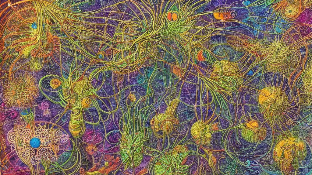 Image similar to quantum connections represented as symbiotic organisms like cells playing around with colorful lights by ernst haeckel