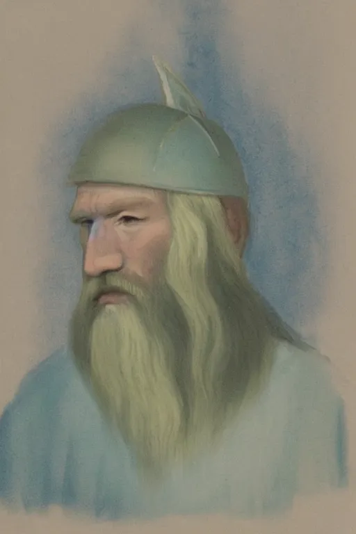 Prompt: a portrait of a viking, peaceful, pastel, subtle, serene