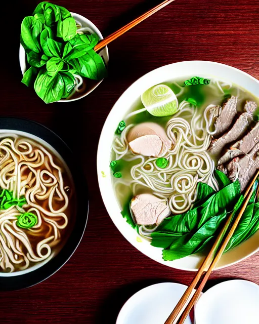 Image similar to realistic photo of delicious pho, ramen, bowl, white kitchen table, cloth, thai basil, highly detailed, by marc haydon, kailee mandel, masterpiece, award winning, food photography