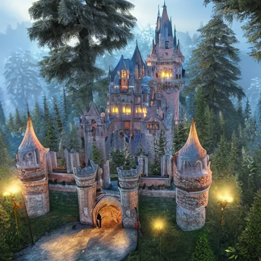 Prompt: a big castle, highly detailed, crystal lighting, mystical, forest, hyperrealistic, 4 k, unreal engine, highly detailed, dramatic lighting, magical, beautiful,