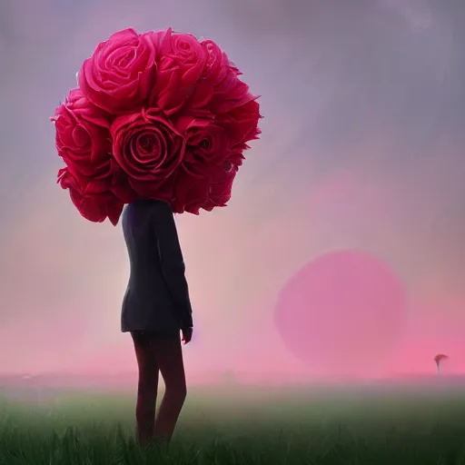 Image similar to closeup, giant rose flower head, frontal, girl in a suit, surreal photography, sunrise, dramatic light, impressionist painting, digital painting, artstation, simon stalenhag