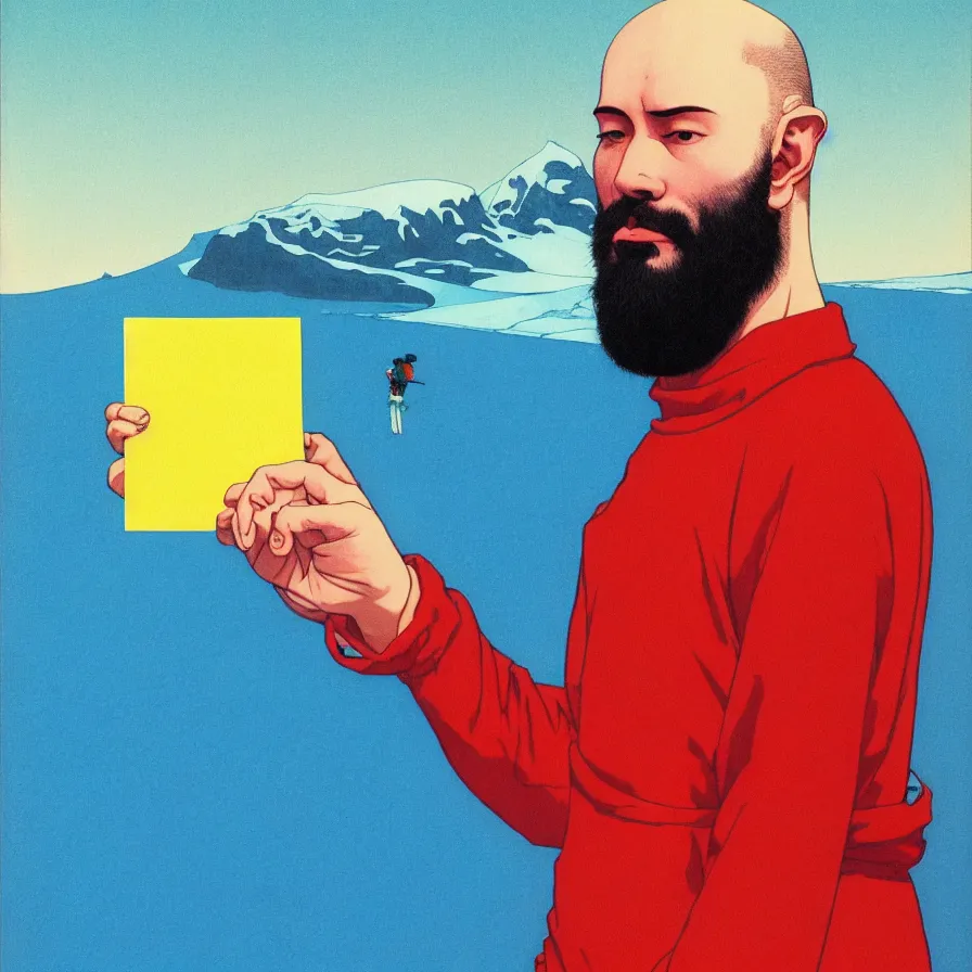 Prompt: a opaque portrait of a young bald bearded man holding a colorful blotter paper of lsd acid and dreaming psychedelic hallucinations in the vast icy landscape of antarctica, by soul bass, kawase hasui, moebius and edward hopper, colorful flat surreal design, xray hd, 8 k, artstation