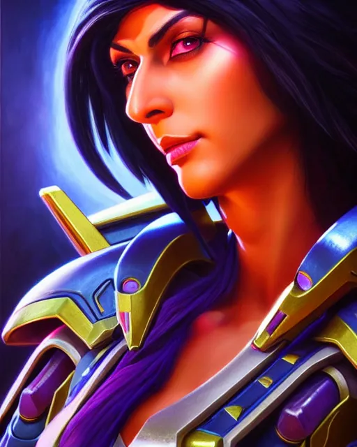 Image similar to pharah from overwatch, fantasy, fantasy art, fantasy, colorful, elegant, character portrait, portrait, close up, highly detailed, intricate detail, amazing detail, sharp focus, vintage fantasy art, vintage sci - fi art, radiant light, caustics, by boris vallejo