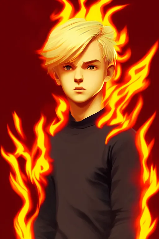 Image similar to character art by ilya kuvshinov, young man, blonde hair, on fire, fire powers
