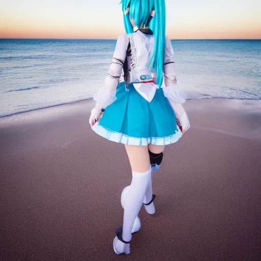 Image similar to photo of hatsune miku cosplayer takes a walk on late evening beach, f 2,4