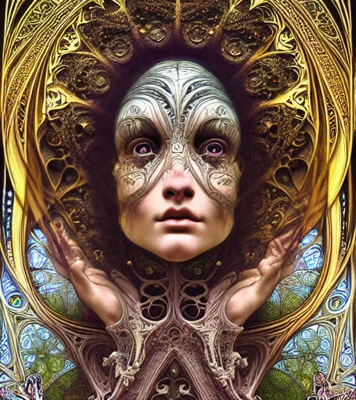 Image similar to hyperrealistic detailed face portrait of a beautiful young goddess morphing into a gothic cathedral, authentic ornamental architecture, intricate and highly detailed, awe inspiring art by ernst haeckel, h. r. giger, alphonso mucha, android jones, james jean, gothic, neo - gothic, heavily ornamental, nice deep colours,