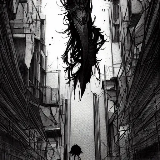 Prompt: concept art character, very high angle view, book cover, walking in cyberpunk valley highly detailed full body, smooth, sharp focus, organic, appealing, book cover, deep shadows, by Dave McKean sketch lineart for character design