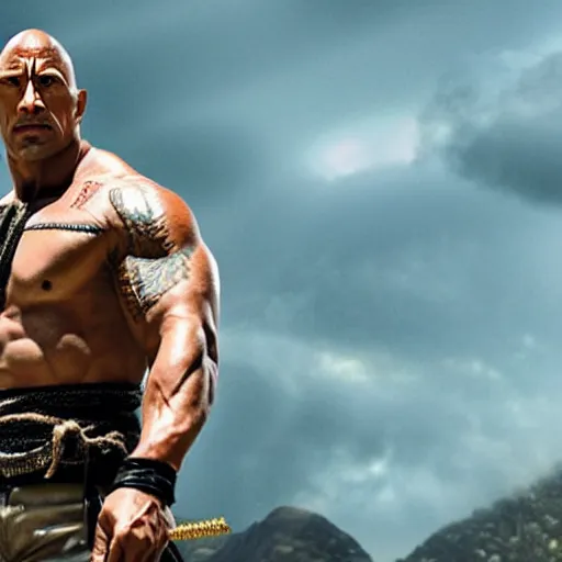 Prompt: a film still of Dwayne Johnson as samurai holding katana