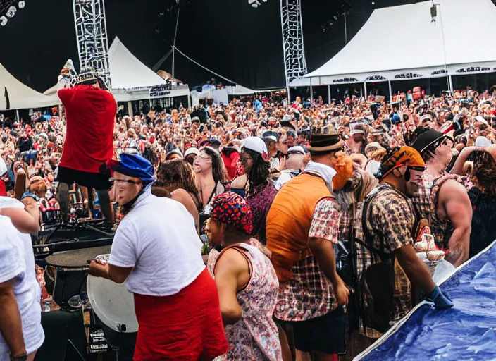 Image similar to photo still of aunt jemima in period attire at vans warped tour!!!!!!!! at age 4 0 years old 4 0 years of age!!!!!!! on stage pouring maple syrup on the crowd, 8 k, 8 5 mm f 1. 8, studio lighting, rim light, right side key light