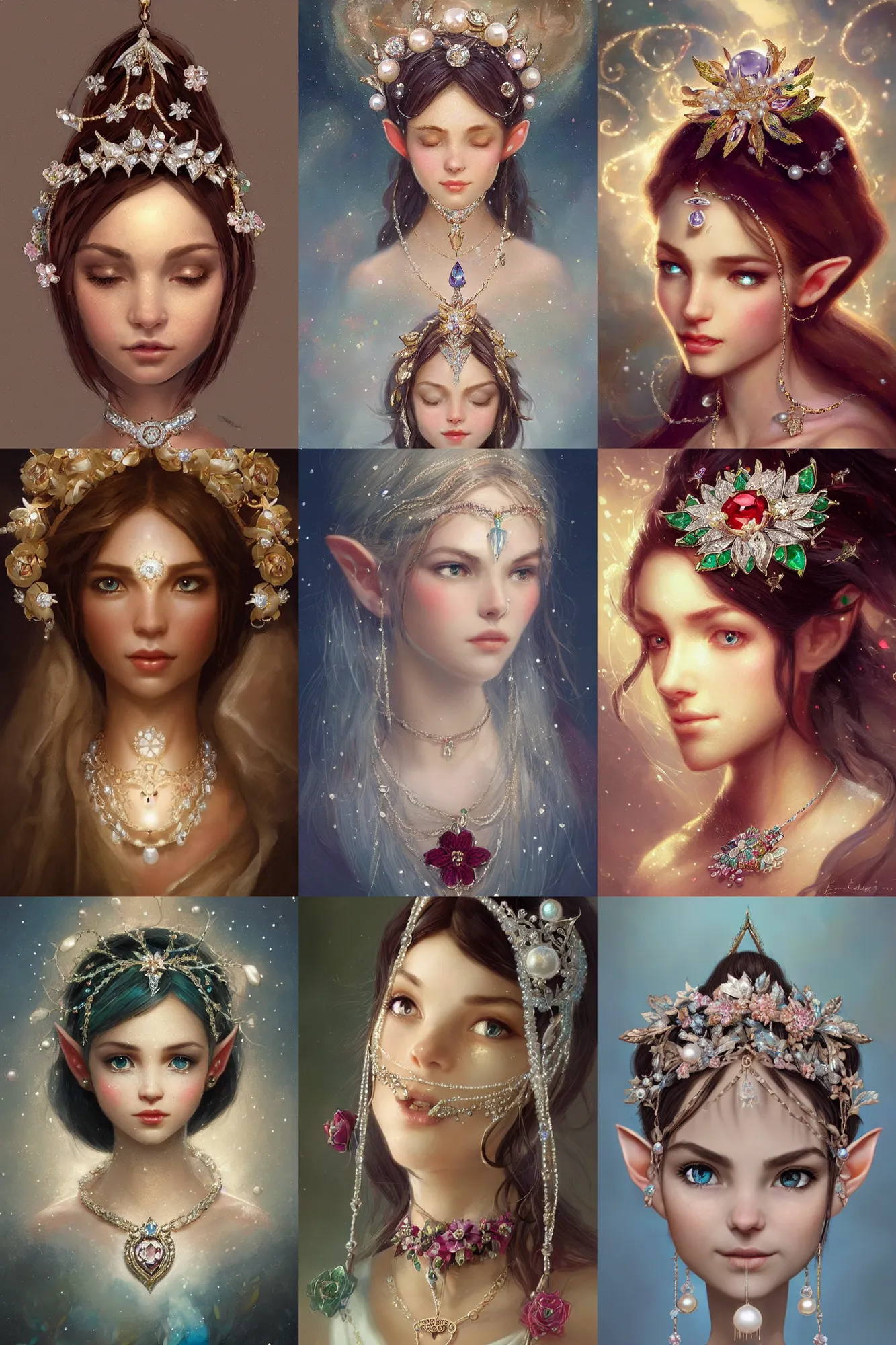 Prompt: a beautiful picture of elf head ornament with gem, diamonds, small flower, pearls chain, embroidery design ， by greg rutkowski and thomas kinkade, trending on artstation