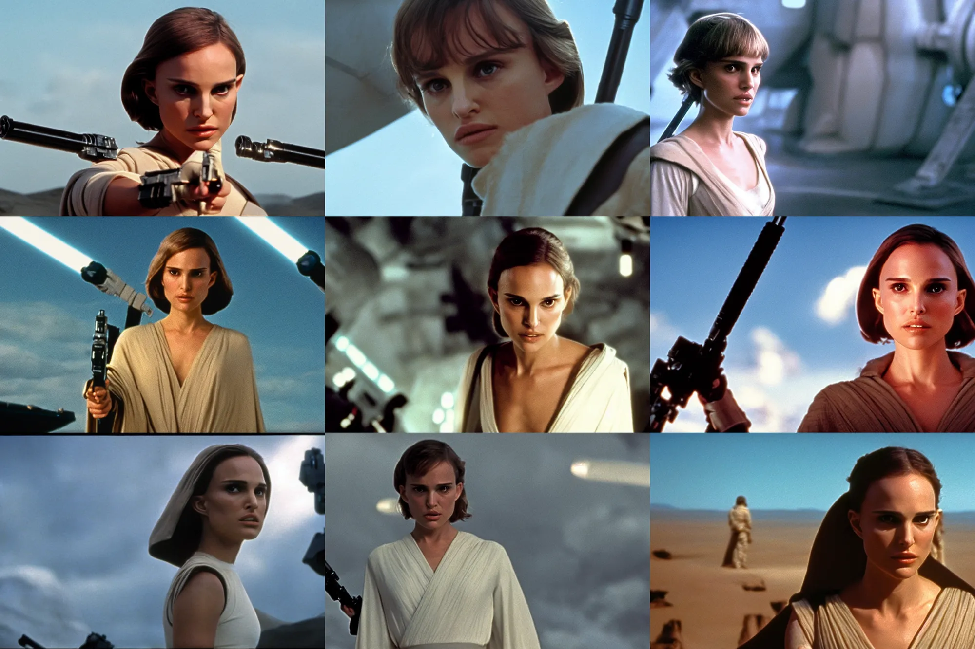 Prompt: natalie portman as luke skywalker in star wars, 1 9 7 7, wide angle, movie still, 3 5 mm