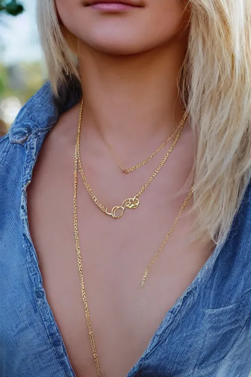 Image similar to 2 4 year old professional blonde female wearing white v - neck top, single gold chain necklace, neck zoomed in, photo realistic, extreme detail skin, light freckles, no filter, slr, golden hour, 4 k, high definition, photograph, selfie