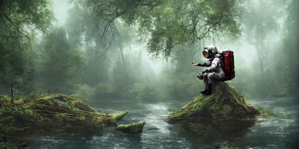 Image similar to an astronaut sitting on a fallen tree by a river in a forest, a detailed matte painting by frieke janssens, featured on cgsociety, fantasy art, matte painting, reimagined by industrial light and magic, matte drawing